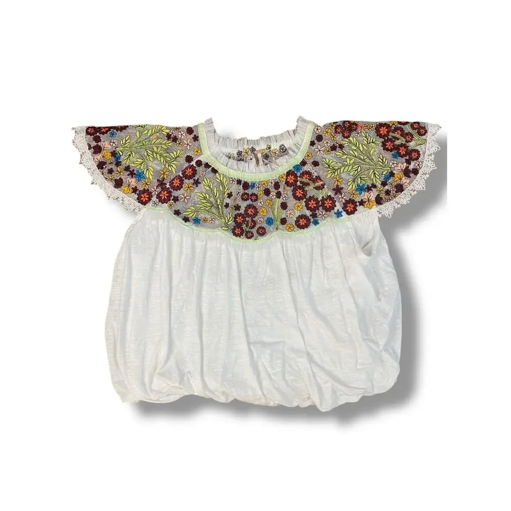 Free People Sun Valley Embroidered Floral Boho Peasant Top White Lace Trim Small